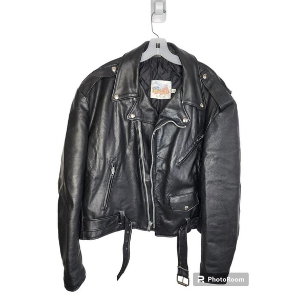 Excelled Promo Crate Embossed Leather Motorcycle Biker Jacket Sz 48 USA VTG 80s - Picture 4 of 16